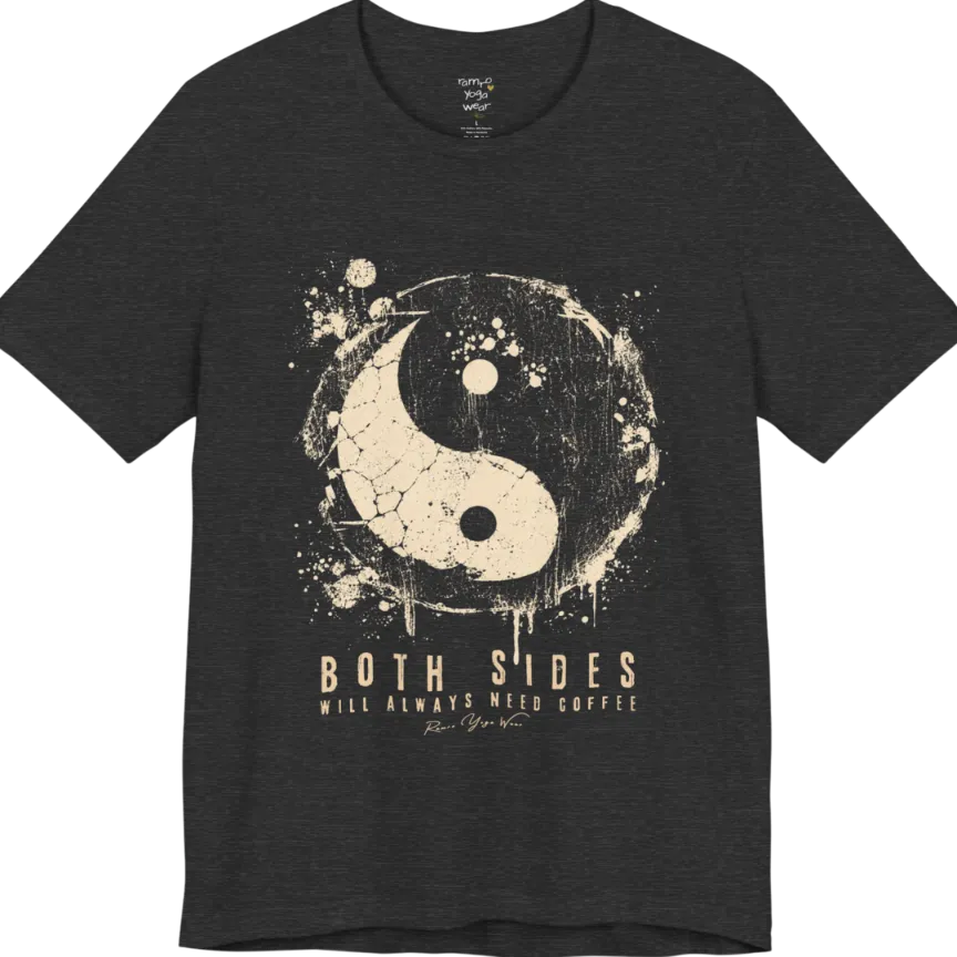 A short sleeved tee called the Sides T-Shirt, flat lay and a Bella+Canvas 3001 shirt. Simply says, Both Sides Will Always Need Coffee. Design highlights a cracked, splattered grunge yin yang with ink drips. Color is Dark Grey Heather.