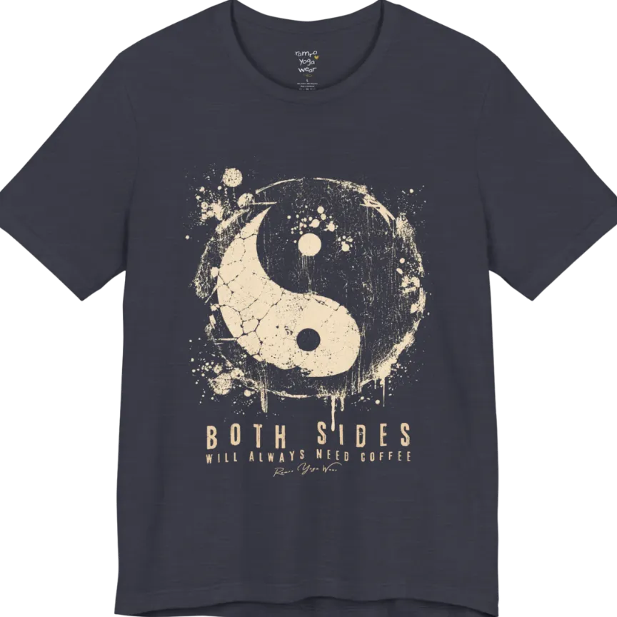 A short sleeved tee called the Sides T-Shirt, flat lay and a Bella+Canvas 3001 shirt. Simply says, Both Sides Will Always Need Coffee. Design highlights a cracked, splattered grunge yin yang with ink drips. Color is Heather Midnight Navy.