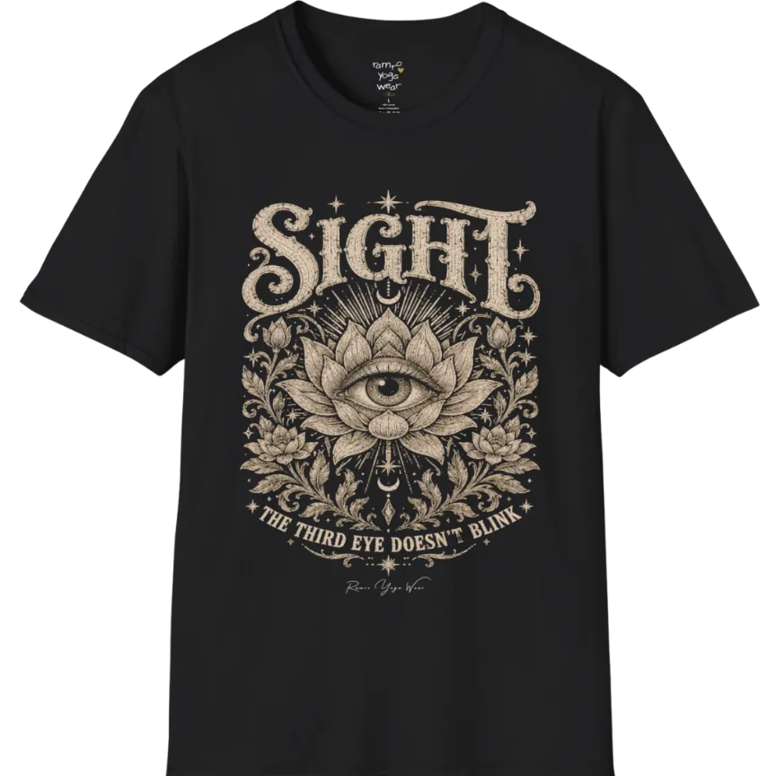 Sight T-Shirt, short sleeved, flat lay with an eye centered in a fully bloomed lotus framed by fine botanical detailing — vintage engraved graphic tee by Ramro Yoga Wear in Black.