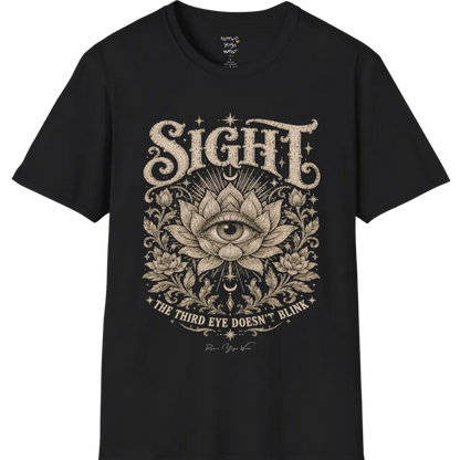 Sight T-Shirt, short sleeved, flat lay with an eye centered in a fully bloomed lotus framed by fine botanical detailing — vintage engraved graphic tee by Ramro Yoga Wear in Black.
