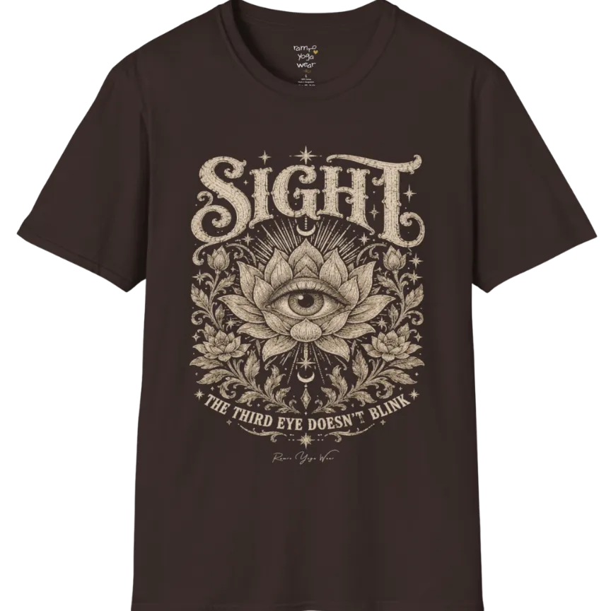 Sight T-Shirt, short sleeved, flat lay with an eye centered in a fully bloomed lotus framed by fine botanical detailing — vintage engraved graphic tee by Ramro Yoga Wear in Dark Chocolate.