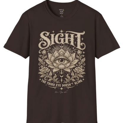 Sight T-Shirt, short sleeved, flat lay with an eye centered in a fully bloomed lotus framed by fine botanical detailing — vintage engraved graphic tee by Ramro Yoga Wear in Dark Chocolate.