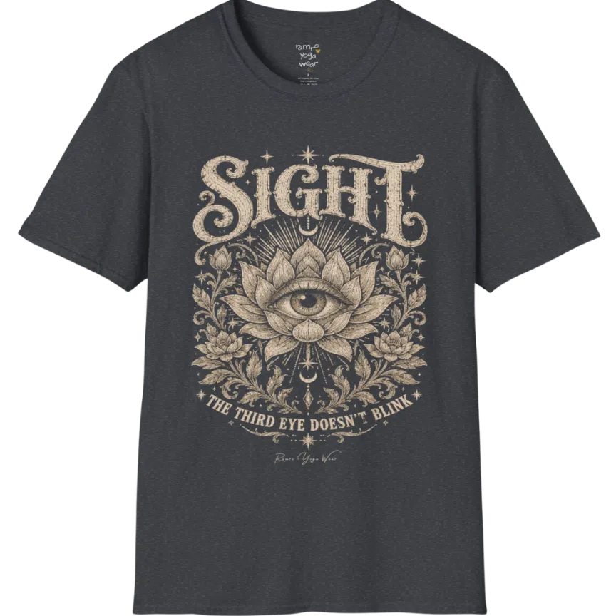 Sight T-Shirt, short sleeved, flat lay with an eye centered in a fully bloomed lotus framed by fine botanical detailing — vintage engraved graphic tee by Ramro Yoga Wear in Dark Heather Grey.