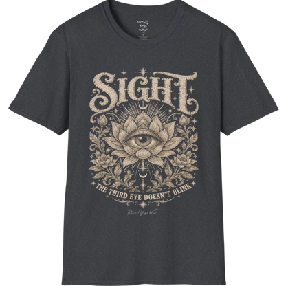 Sight T-Shirt, short sleeved, flat lay with an eye centered in a fully bloomed lotus framed by fine botanical detailing — vintage engraved graphic tee by Ramro Yoga Wear in Dark Heather Grey.