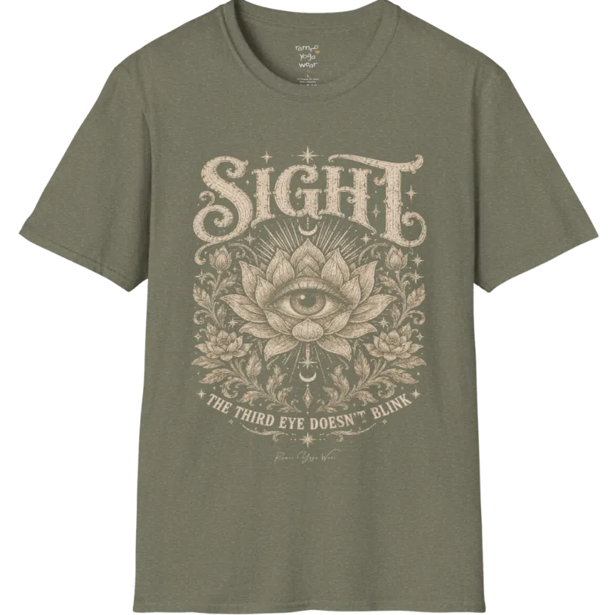 Sight T-Shirt, short sleeved, flat lay with an eye centered in a fully bloomed lotus framed by fine botanical detailing — vintage engraved graphic tee by Ramro Yoga Wear in Heather Military Green.