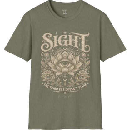 Sight T-Shirt, short sleeved, flat lay with an eye centered in a fully bloomed lotus framed by fine botanical detailing — vintage engraved graphic tee by Ramro Yoga Wear in Heather Military Green.