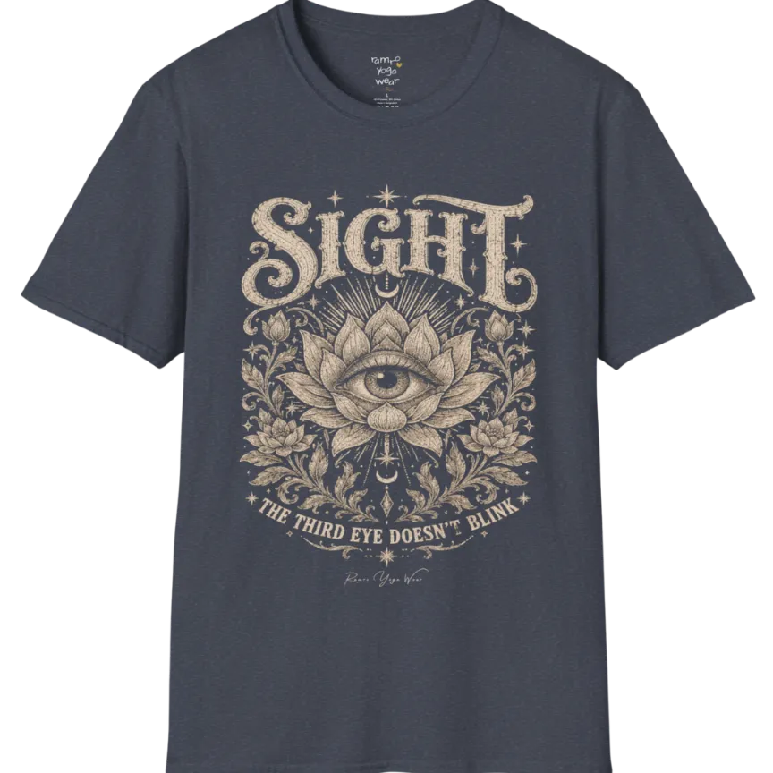 Sight T-Shirt, short sleeved, flat lay with an eye centered in a fully bloomed lotus framed by fine botanical detailing — vintage engraved graphic tee by Ramro Yoga Wear in Heather Navy.