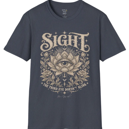 Sight T-Shirt, short sleeved, flat lay with an eye centered in a fully bloomed lotus framed by fine botanical detailing — vintage engraved graphic tee by Ramro Yoga Wear in Heather Navy.