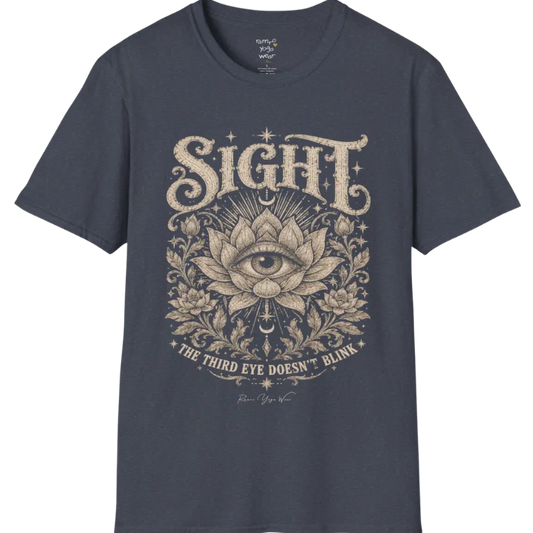 Sight T-Shirt, short sleeved, flat lay with an eye centered in a fully bloomed lotus framed by fine botanical detailing — vintage engraved graphic tee by Ramro Yoga Wear in Heather Navy.