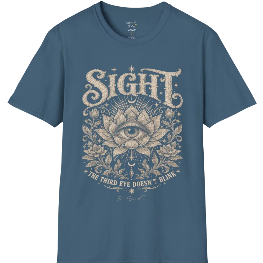 Sight T-Shirt, short sleeved, flat lay with an eye centered in a fully bloomed lotus framed by fine botanical detailing — vintage engraved graphic tee by Ramro Yoga Wear in Indigo Blue.