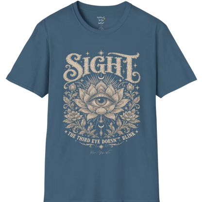 Sight T-Shirt, short sleeved, flat lay with an eye centered in a fully bloomed lotus framed by fine botanical detailing — vintage engraved graphic tee by Ramro Yoga Wear in Indigo Blue.