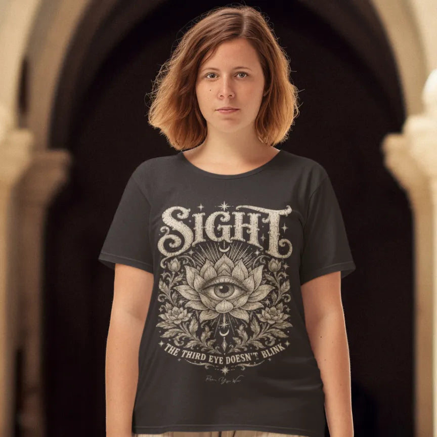 Woman wearing Sight T-Shirt standing beneath an arched stone walkway, shirt in Dark Chocolate.