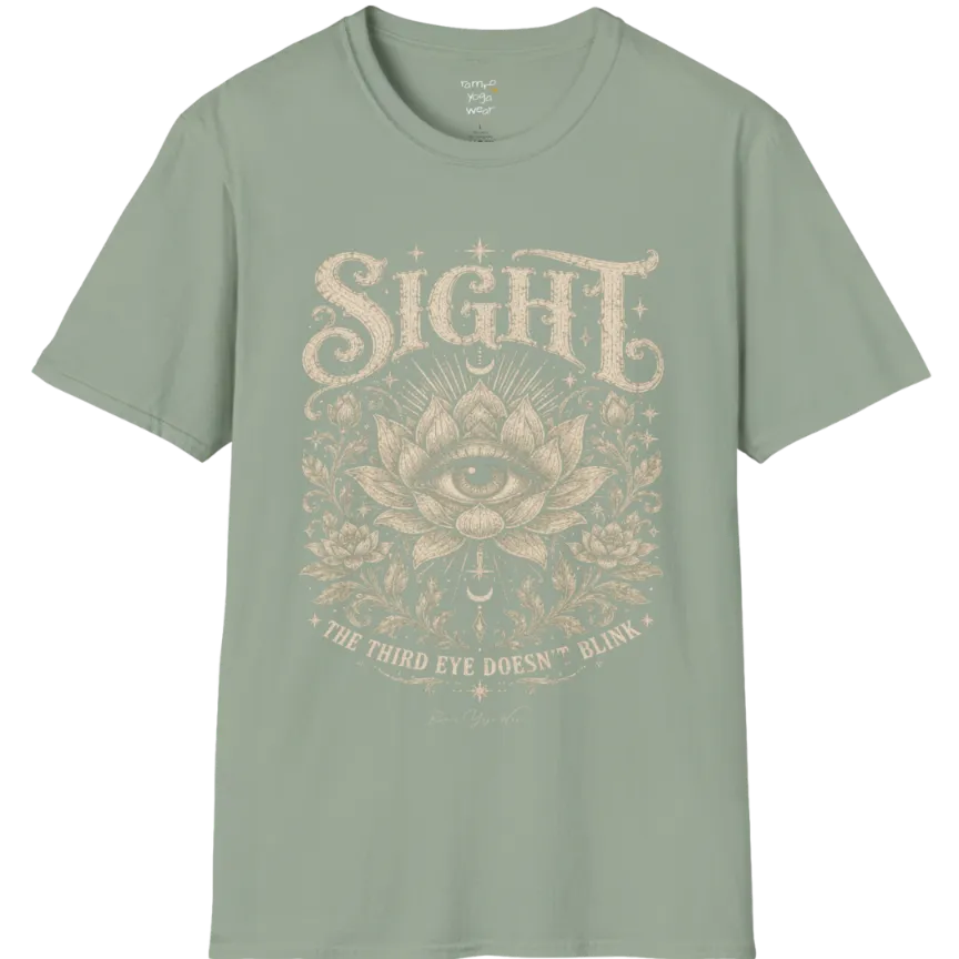 Sight T-Shirt, short sleeved, flat lay with an eye centered in a fully bloomed lotus framed by fine botanical detailing — vintage engraved graphic tee by Ramro Yoga Wear in Sage.