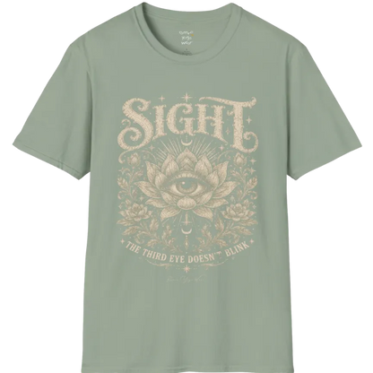 Sight T-Shirt, short sleeved, flat lay with an eye centered in a fully bloomed lotus framed by fine botanical detailing — vintage engraved graphic tee by Ramro Yoga Wear in Sage.