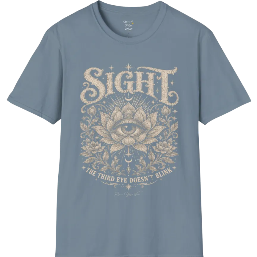 Sight T-Shirt, short sleeved, flat lay with an eye centered in a fully bloomed lotus framed by fine botanical detailing — vintage engraved graphic tee by Ramro Yoga Wear in Stone Blue