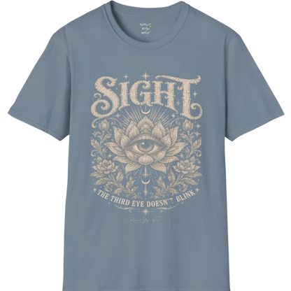 Sight T-Shirt, short sleeved, flat lay with an eye centered in a fully bloomed lotus framed by fine botanical detailing — vintage engraved graphic tee by Ramro Yoga Wear in Stone Blue