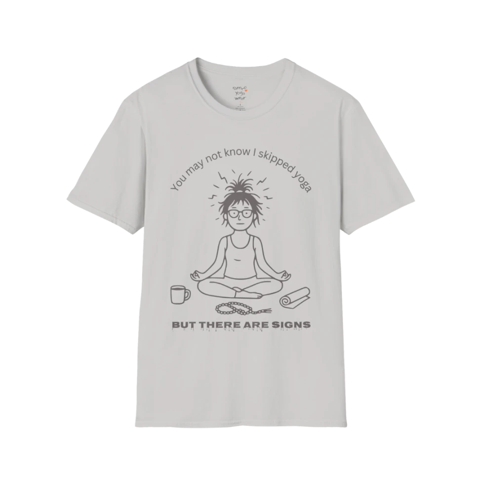Illustrated meditating figure with swirling thoughts above, mug and shoe beside them, “but there are signs” design — The Vault collection by Ramro Yoga Wear — Ice Grey