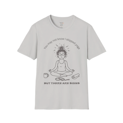 Illustrated meditating figure with swirling thoughts above, mug and shoe beside them, “but there are signs” design — The Vault collection by Ramro Yoga Wear — Ice Grey