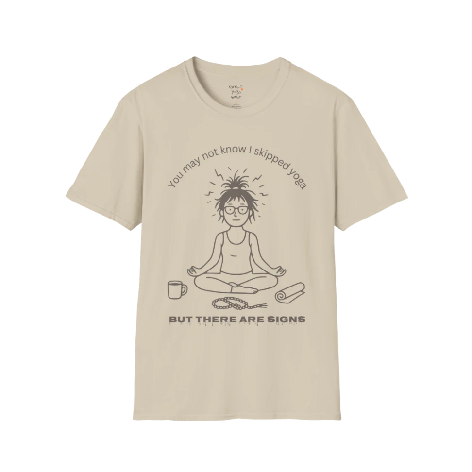 Illustrated meditating figure with swirling thoughts above, mug and shoe beside them, “but there are signs” design — The Vault collection by Ramro Yoga Wear — Sand