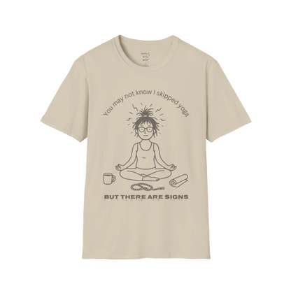 Illustrated meditating figure with swirling thoughts above, mug and shoe beside them, “but there are signs” design — The Vault collection by Ramro Yoga Wear — Sand