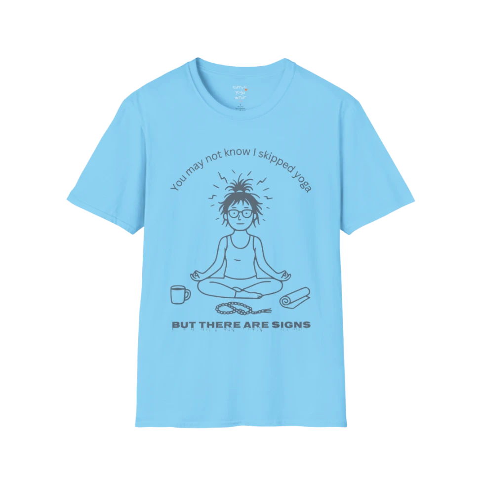Illustrated meditating figure with swirling thoughts above, mug and shoe beside them, “but there are signs” design — The Vault collection by Ramro Yoga Wear — Sky