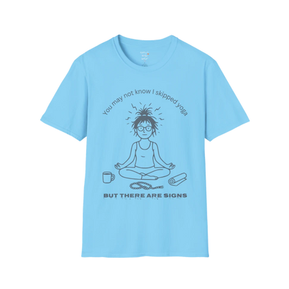 Illustrated meditating figure with swirling thoughts above, mug and shoe beside them, “but there are signs” design — The Vault collection by Ramro Yoga Wear — Sky