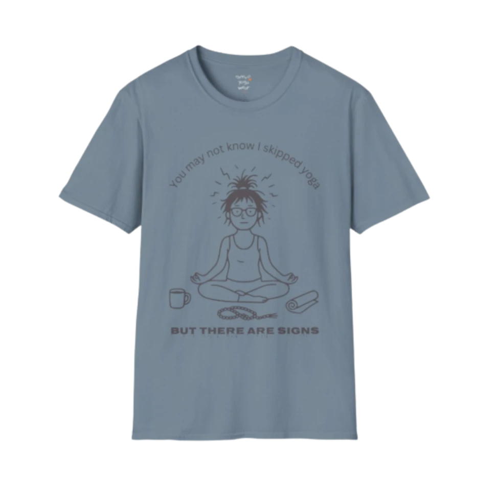 Illustrated meditating figure with swirling thoughts above, mug and shoe beside them, “but there are signs” design — The Vault collection by Ramro Yoga Wear — Stone Blue