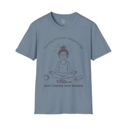 Illustrated meditating figure with swirling thoughts above, mug and shoe beside them, “but there are signs” design — The Vault collection by Ramro Yoga Wear — Stone Blue