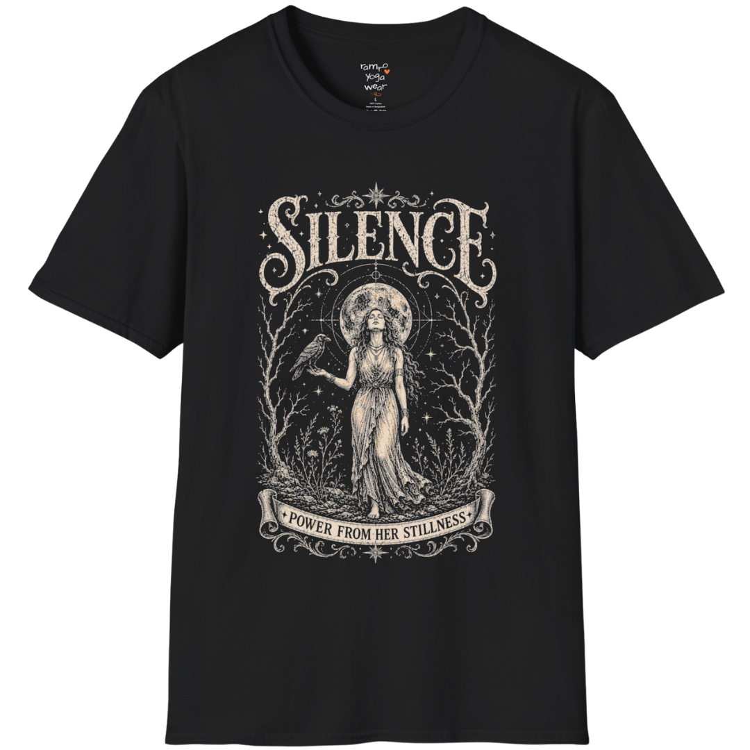 Standing woman with crow and full moon in bare winter forest engraving design — Dark Sacred Stillness collection by Ramro Yoga Wear in black
