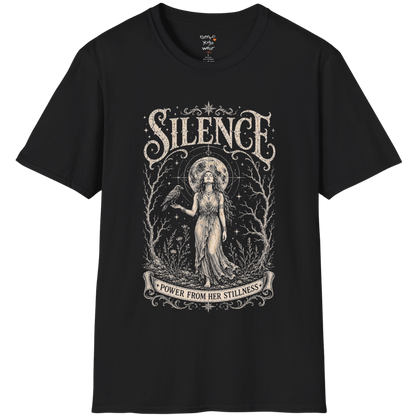 Standing woman with crow and full moon in bare winter forest engraving design — Dark Sacred Stillness collection by Ramro Yoga Wear in black