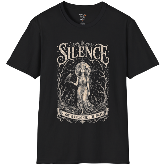 Standing woman with crow and full moon in bare winter forest engraving design — Dark Sacred Stillness collection by Ramro Yoga Wear in black
