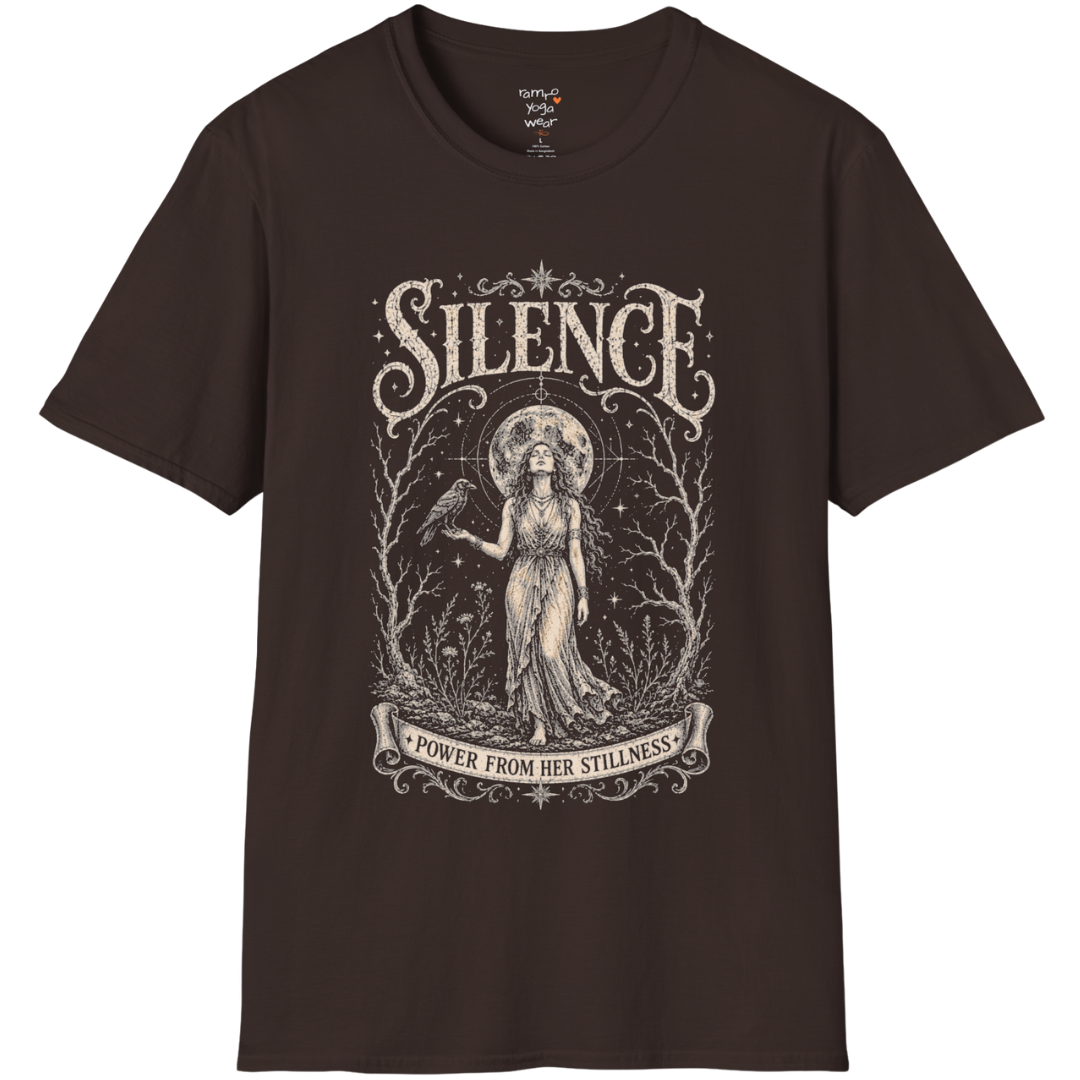 Standing woman with crow and full moon in bare winter forest engraving design — Dark Sacred Stillness collection by Ramro Yoga Wear in Dark Chocolate