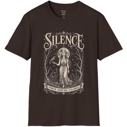 Standing woman with crow and full moon in bare winter forest engraving design — Dark Sacred Stillness collection by Ramro Yoga Wear in Dark Chocolate