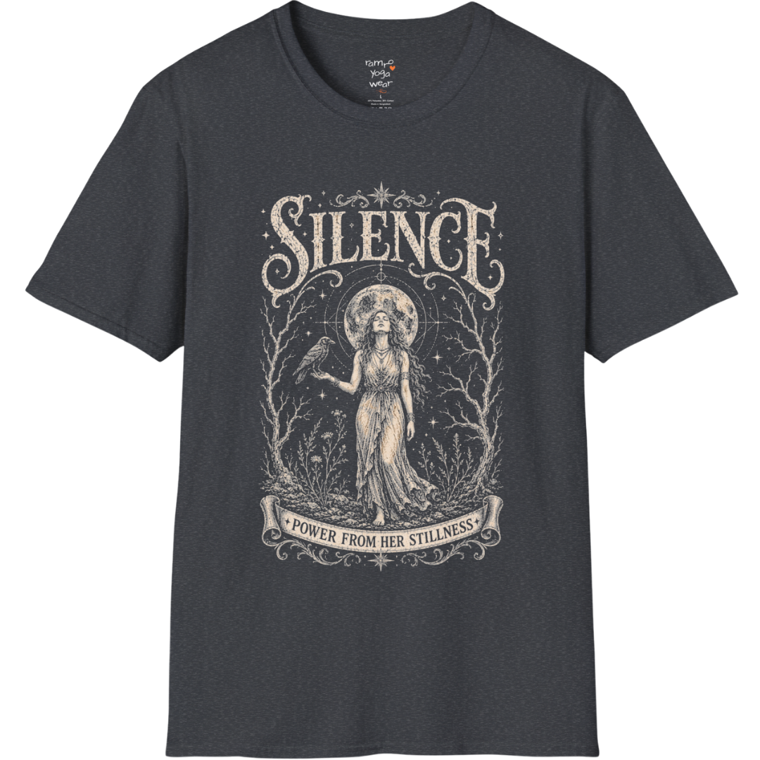 Standing woman with crow and full moon in bare winter forest engraving design — Dark Sacred Stillness collection by Ramro Yoga Wear in Dark Heather Grey