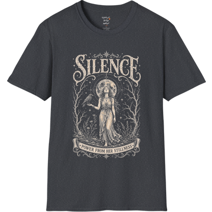 Standing woman with crow and full moon in bare winter forest engraving design — Dark Sacred Stillness collection by Ramro Yoga Wear in Dark Heather Grey