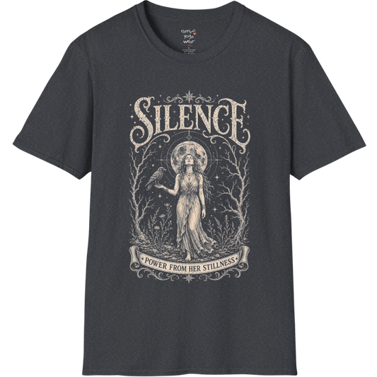 Standing woman with crow and full moon in bare winter forest engraving design — Dark Sacred Stillness collection by Ramro Yoga Wear in Dark Heather Grey