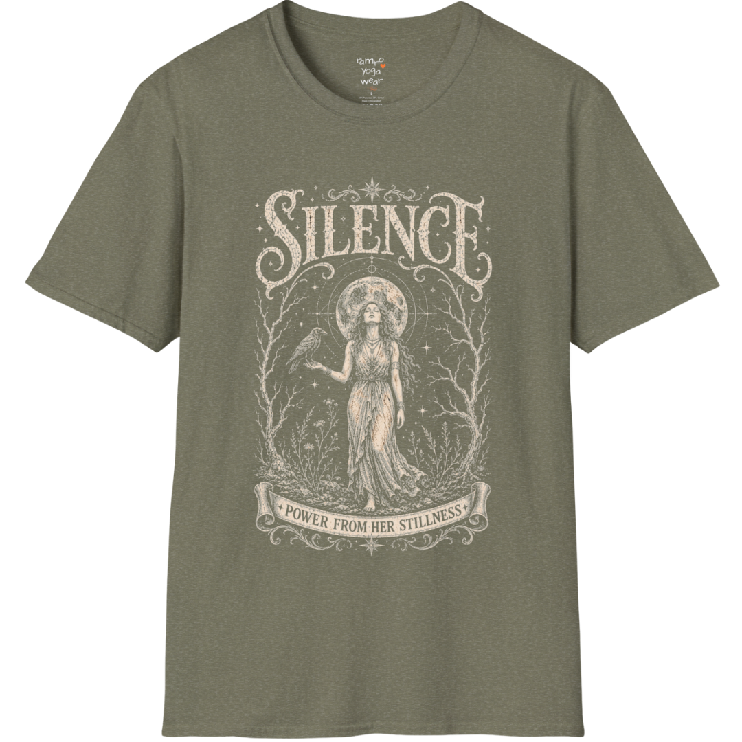 Standing woman with crow and full moon in bare winter forest engraving design — Dark Sacred Stillness collection by Ramro Yoga Wear in Heather Military Green