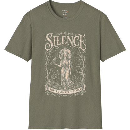 Standing woman with crow and full moon in bare winter forest engraving design — Dark Sacred Stillness collection by Ramro Yoga Wear in Heather Military Green