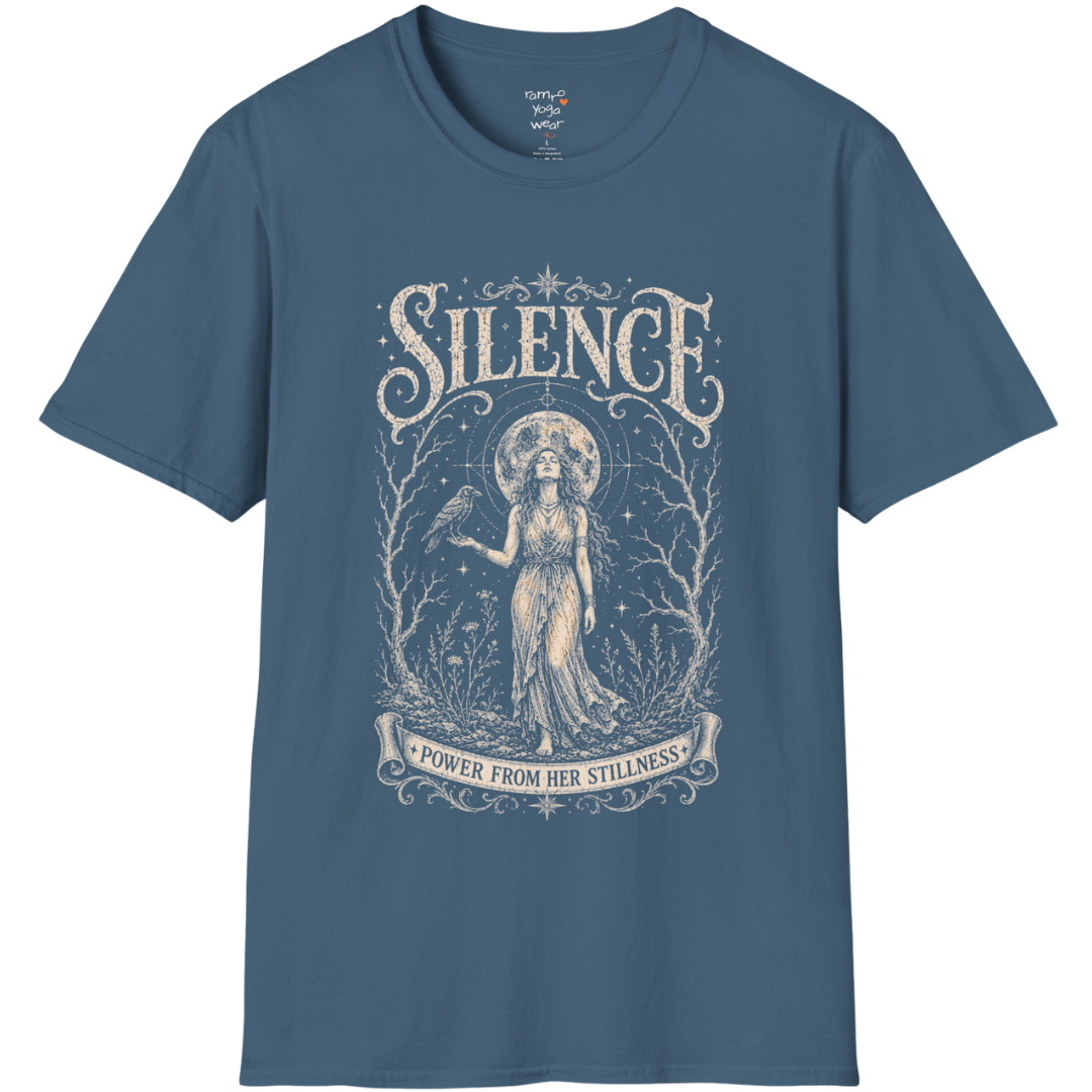 Standing woman with crow and full moon in bare winter forest engraving design — Dark Sacred Stillness collection by Ramro Yoga Wear in Indigo Blue