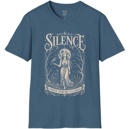 Standing woman with crow and full moon in bare winter forest engraving design — Dark Sacred Stillness collection by Ramro Yoga Wear in Indigo Blue
