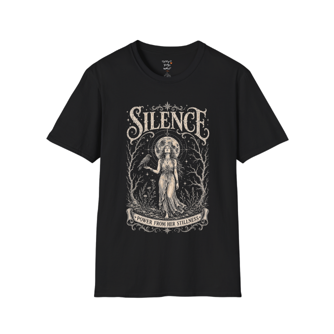 Standing woman with crow and full moon in bare winter forest engraving design — Dark Sacred Stillness collection by Ramro Yoga Wear in black
