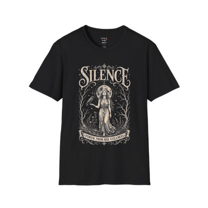 Standing woman with crow and full moon in bare winter forest engraving design — Dark Sacred Stillness collection by Ramro Yoga Wear in black
