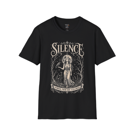 Standing woman with crow and full moon in bare winter forest engraving design — Dark Sacred Stillness collection by Ramro Yoga Wear in black