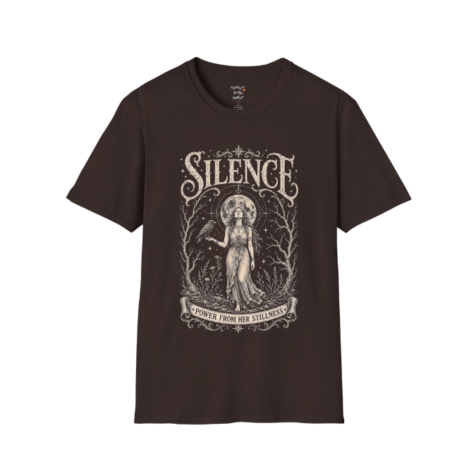 Standing woman with crow and full moon in bare winter forest engraving design — Dark Sacred Stillness collection by Ramro Yoga Wear in Dark Chocolate