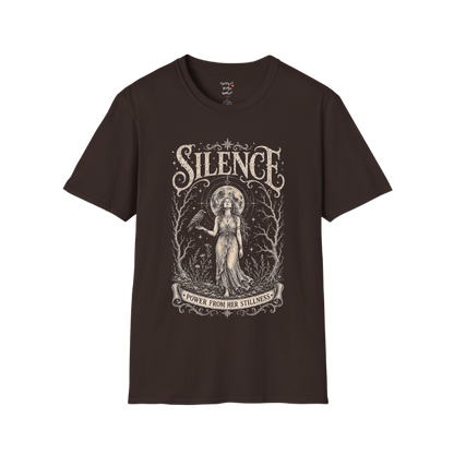 Standing woman with crow and full moon in bare winter forest engraving design — Dark Sacred Stillness collection by Ramro Yoga Wear in Dark Chocolate