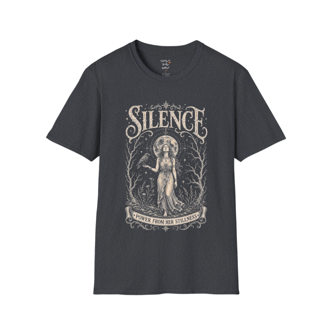 Standing woman with crow and full moon in bare winter forest engraving design — Dark Sacred Stillness collection by Ramro Yoga Wear in Dark Heather Grey