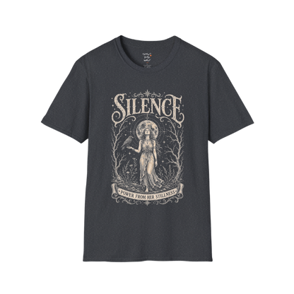 Standing woman with crow and full moon in bare winter forest engraving design — Dark Sacred Stillness collection by Ramro Yoga Wear in Dark Heather Grey