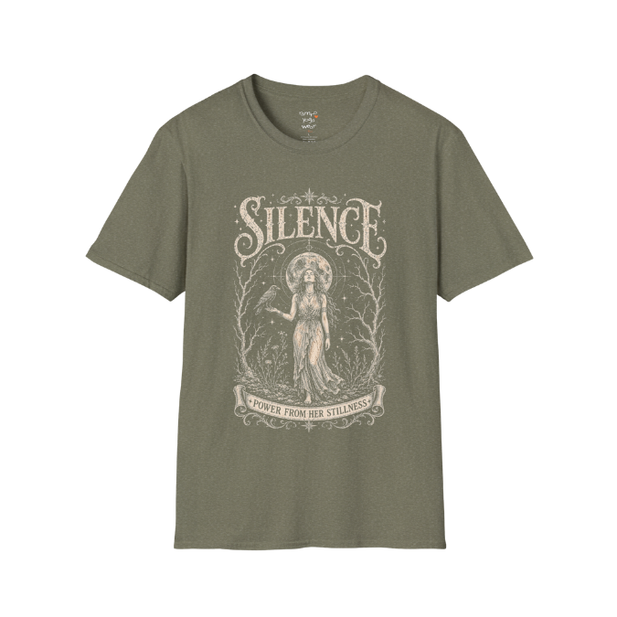 Standing woman with crow and full moon in bare winter forest engraving design — Dark Sacred Stillness collection by Ramro Yoga Wear in Heather Military Green
