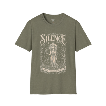 Standing woman with crow and full moon in bare winter forest engraving design — Dark Sacred Stillness collection by Ramro Yoga Wear in Heather Military Green