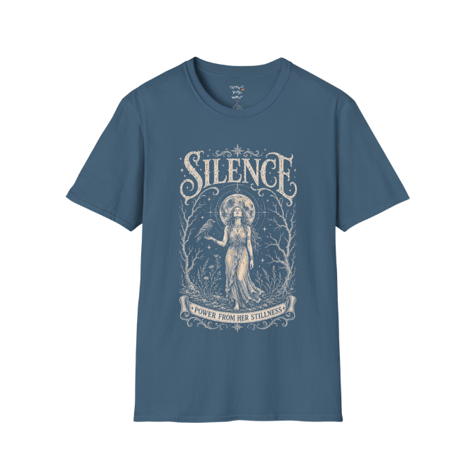 Standing woman with crow and full moon in bare winter forest engraving design — Dark Sacred Stillness collection by Ramro Yoga Wear in Indigo Blue